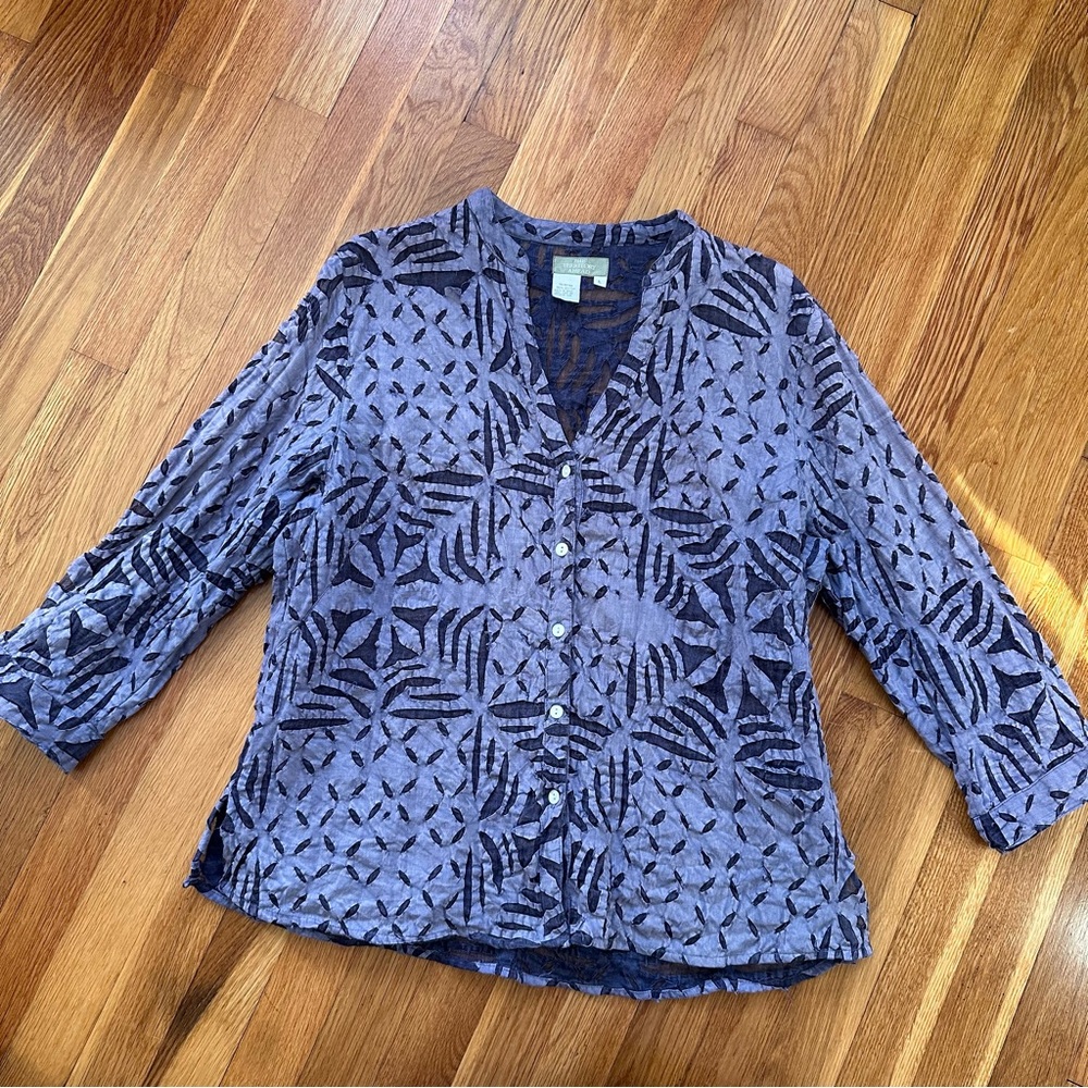 The Territory Ahead Women’s Sheer Appliqué Blouse Size L 100% Cotton 3/4 Sleeve